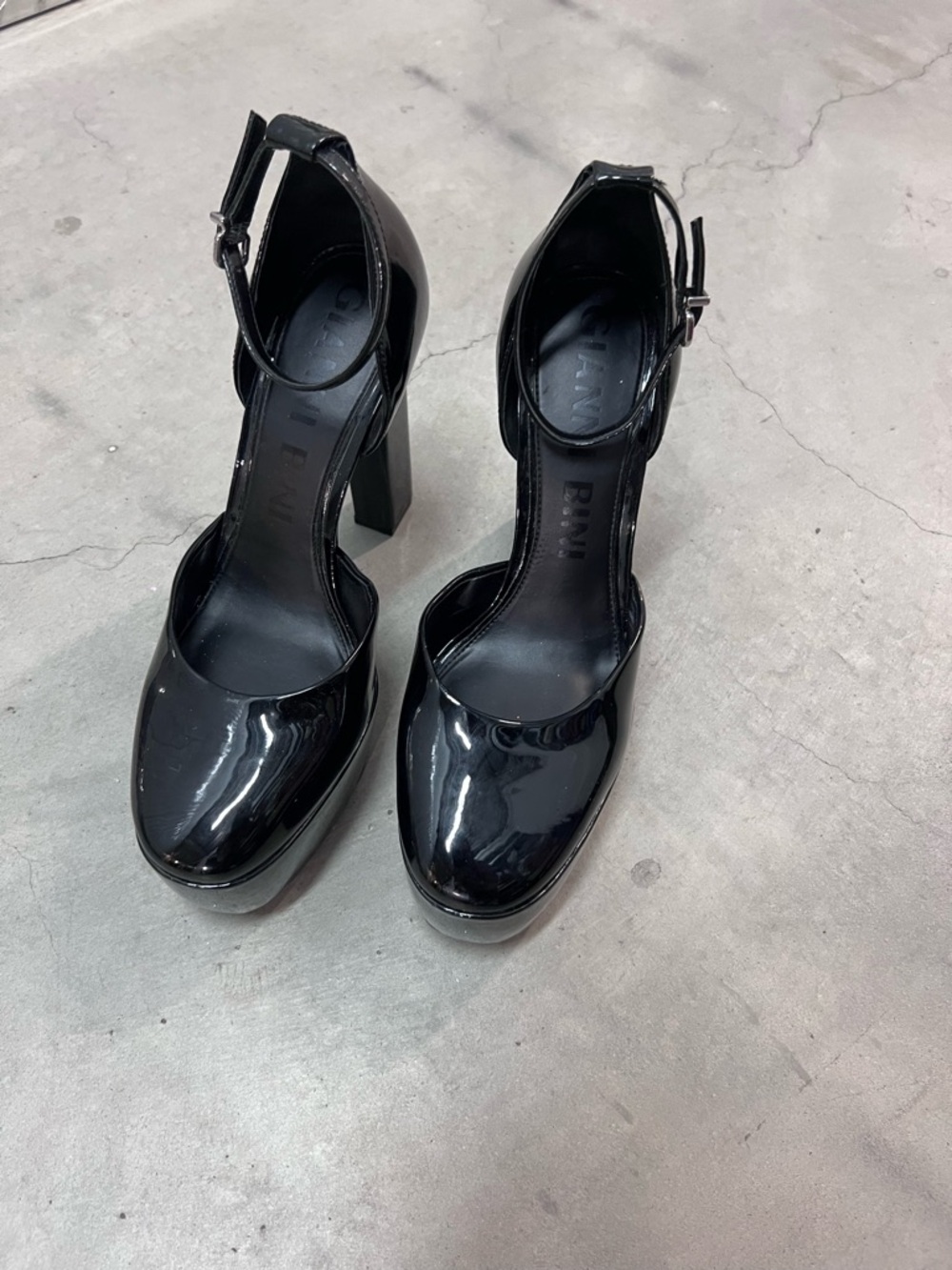 Gianni Bini Black Patent Platform Ankle-Strap Block Heels